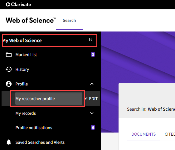 screen shot of researcher profile menu access
