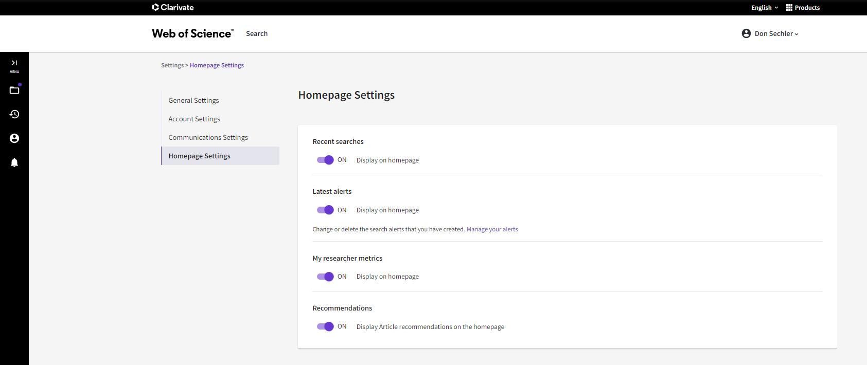 captura de pantalla de la configuración de la página de inicio