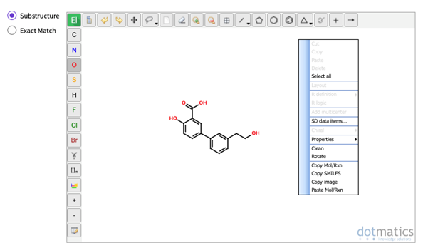 Imagem de exemplo do menu de contexto Estrutura química